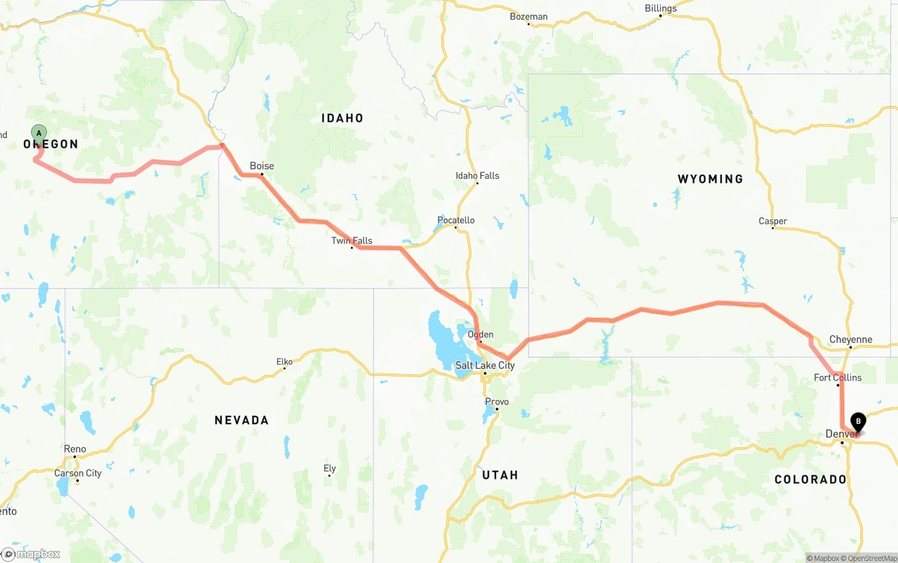 Shipping route from Oregon to Denver International Airport
