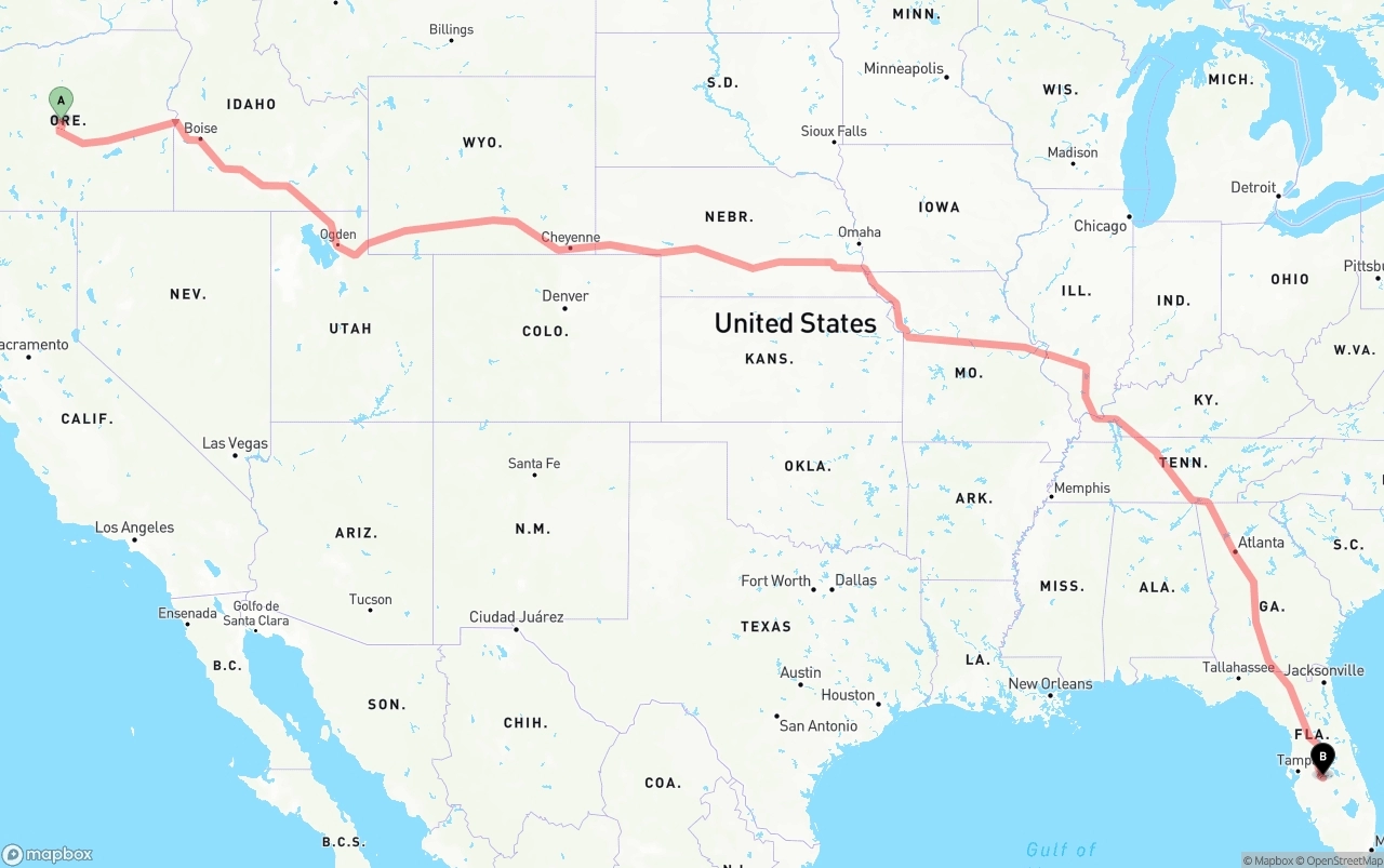 Shipping route from Oregon to Florida