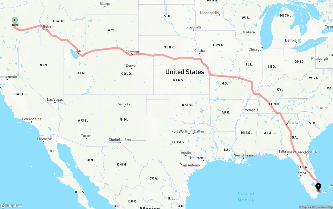 Shipping route from Oregon to Fort Lauderdale-Hollywood International Airport