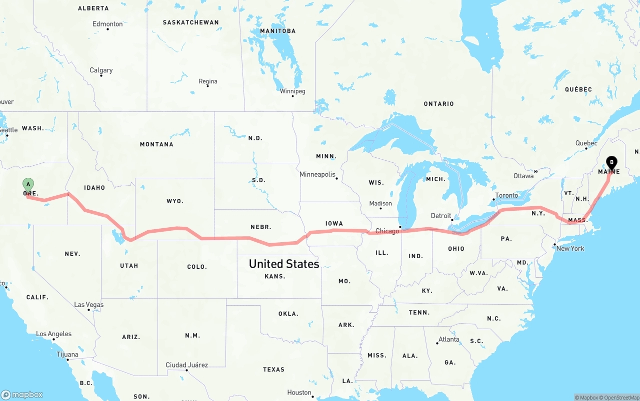 Shipping route from Oregon to Maine