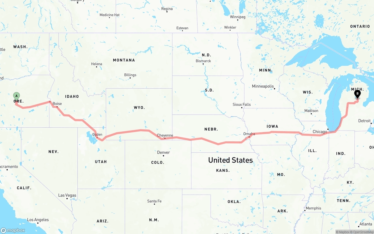 Shipping route from Oregon to Michigan