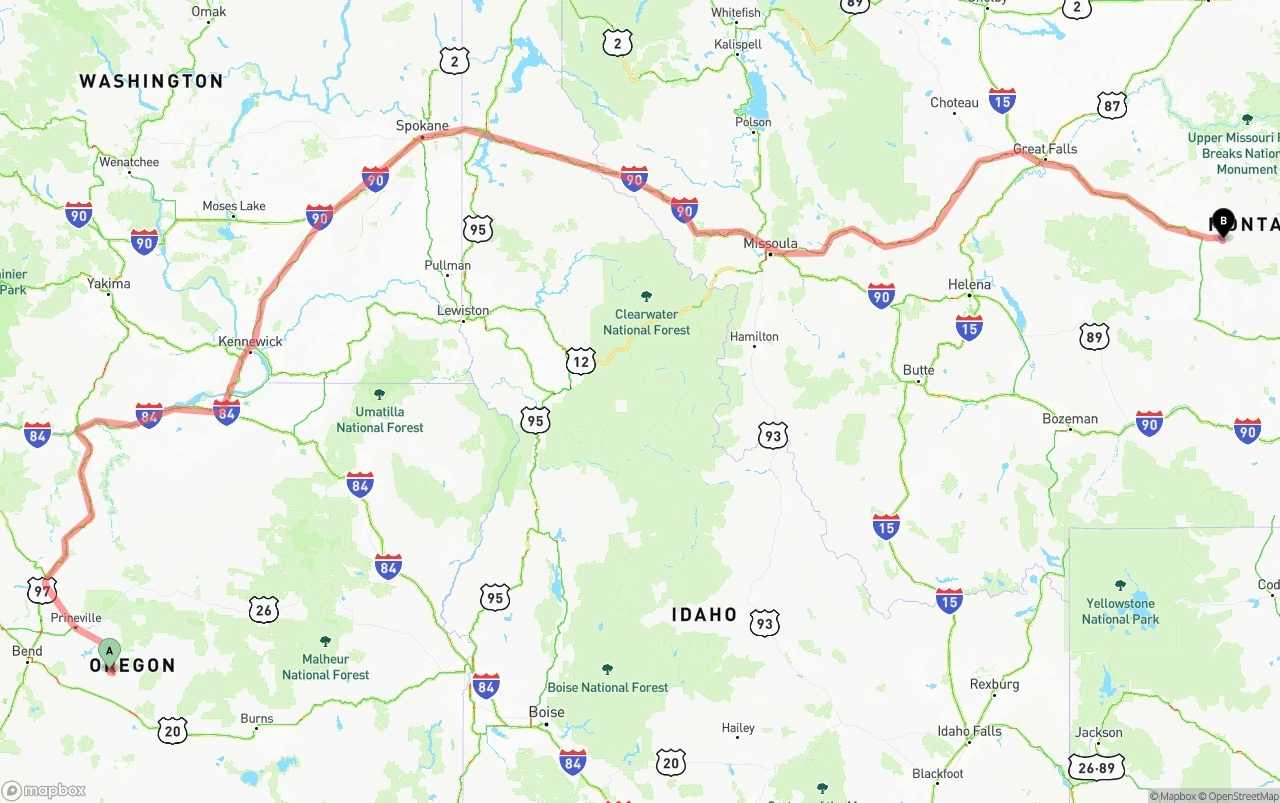 Shipping route from Oregon to Montana