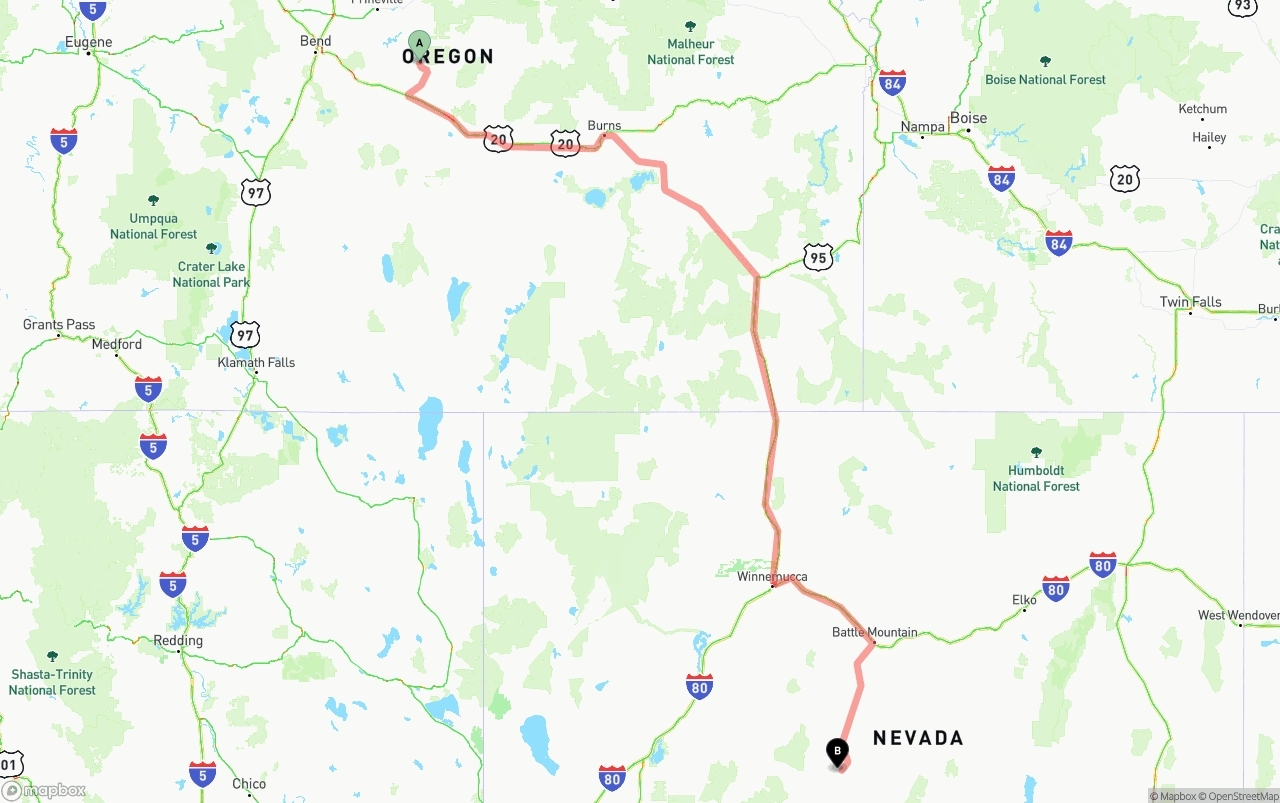 Shipping route from Oregon to Nevada