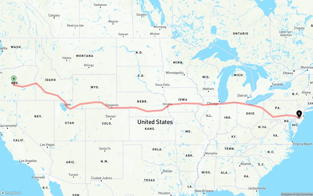 Shipping route from Oregon to New Jersey