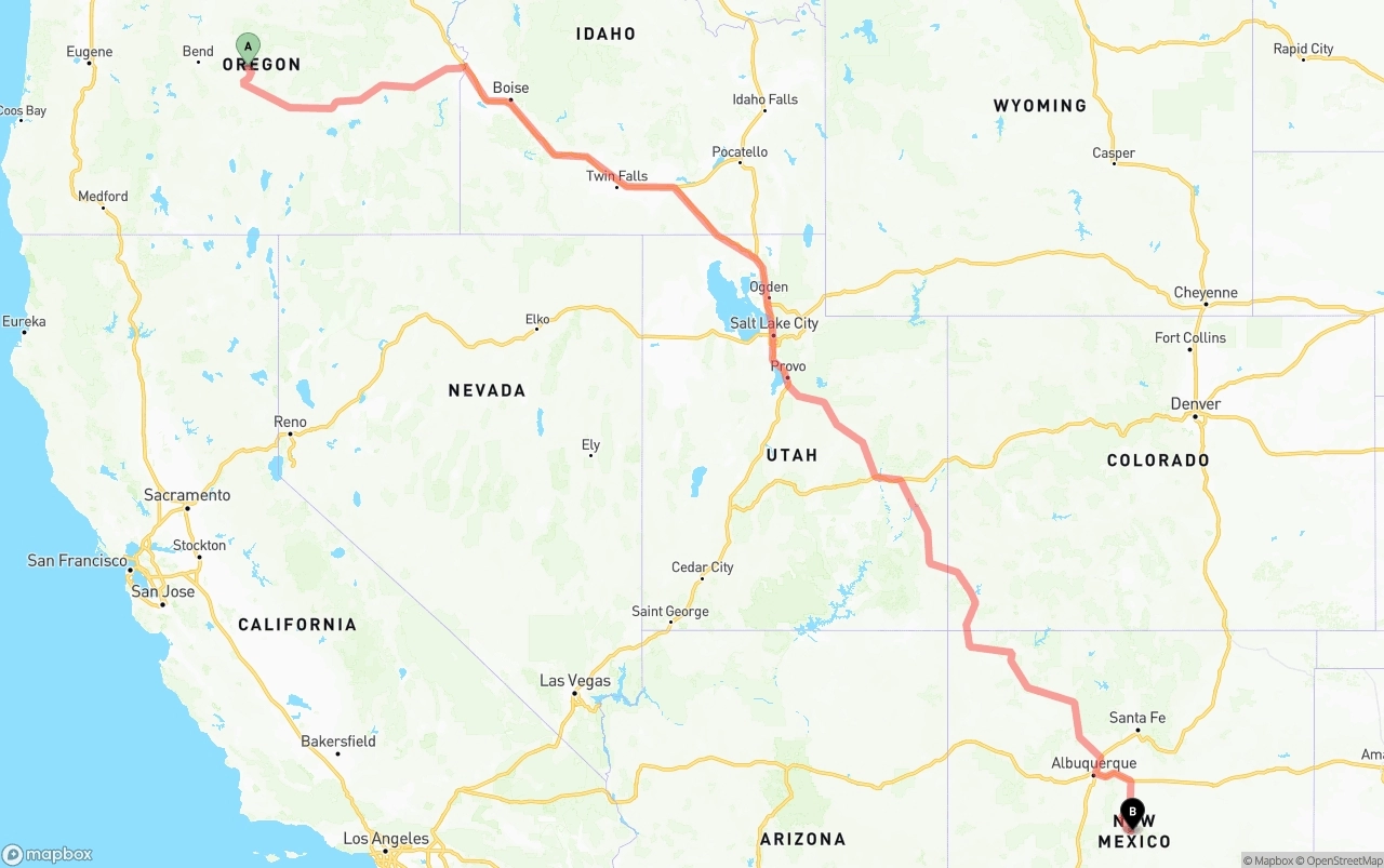 Shipping route from Oregon to New Mexico
