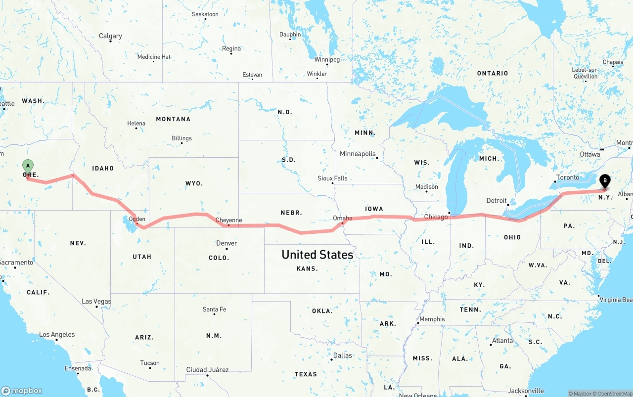 Shipping route from Oregon to New York