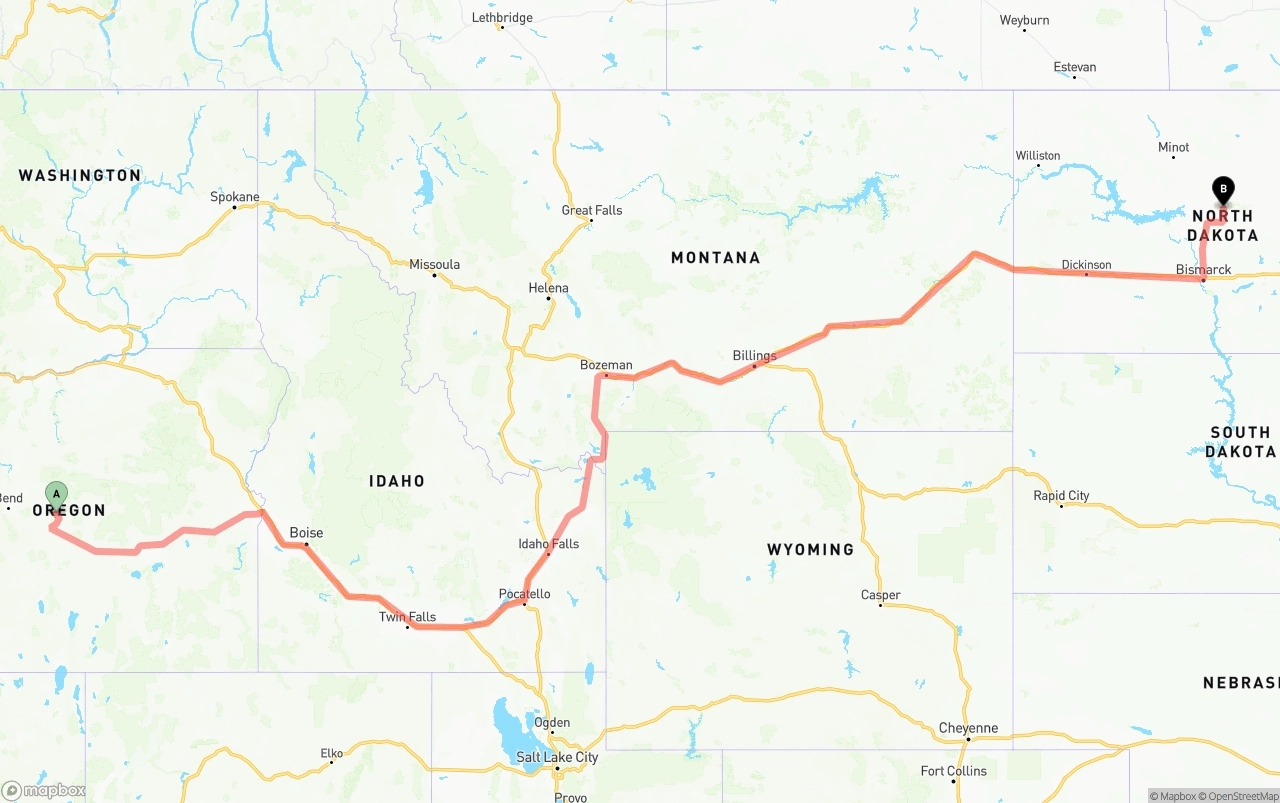 Shipping route from Oregon to North Dakota