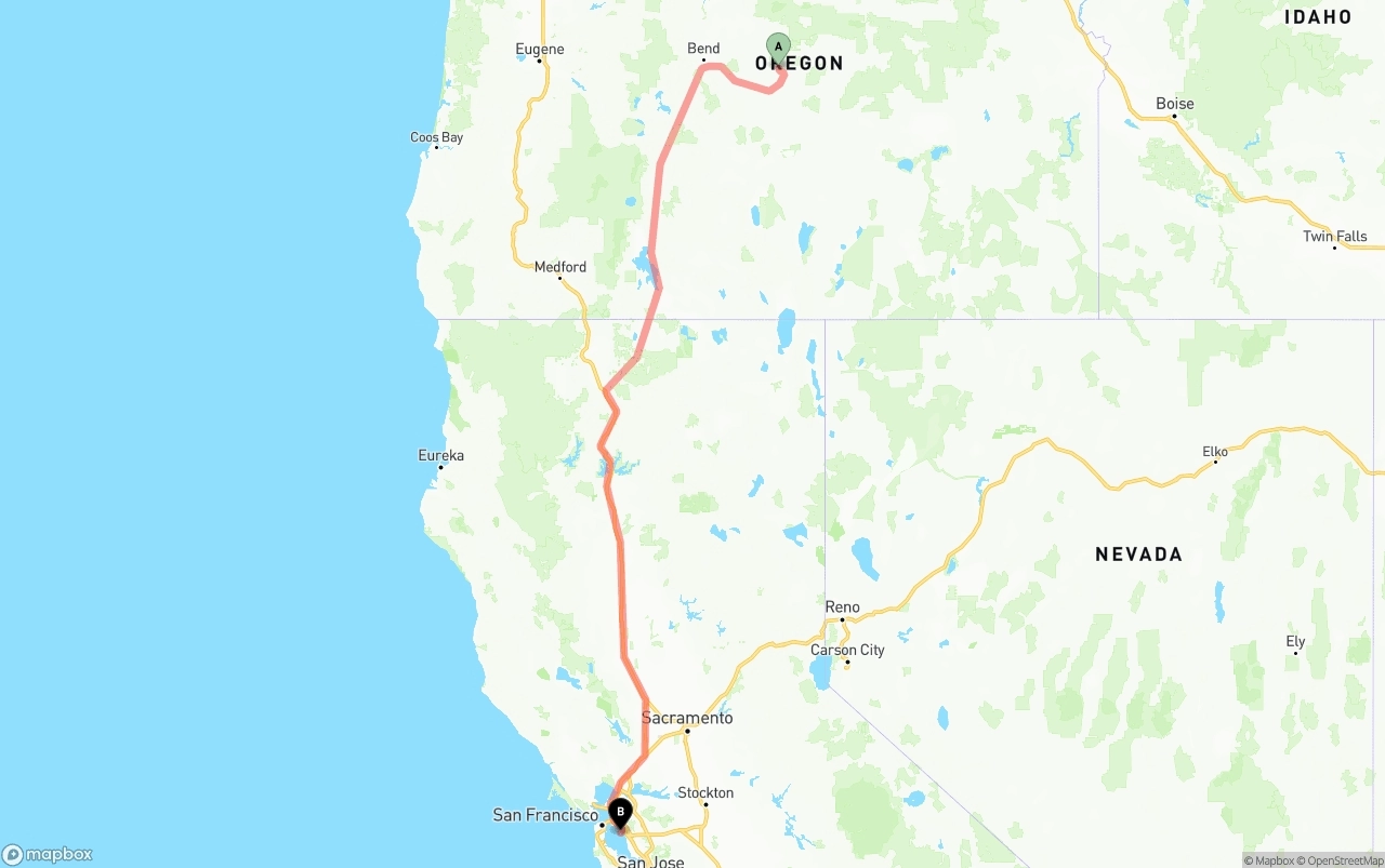 Shipping route from Oregon to Oakland International Airport