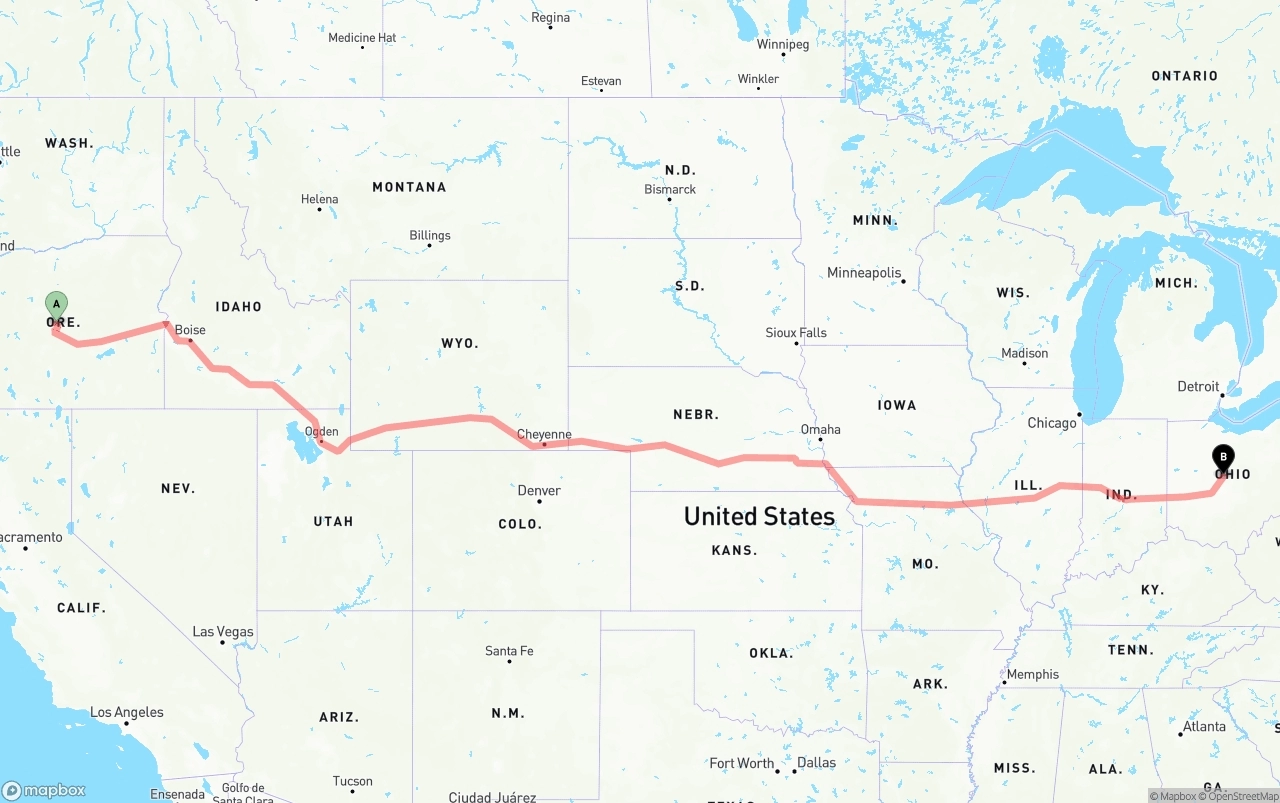 Shipping route from Oregon to Ohio
