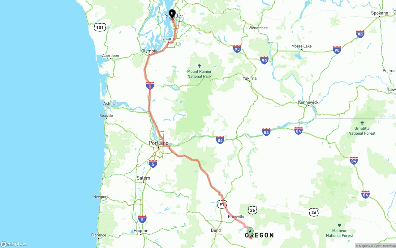 Shipping route from Oregon to Port of Seattle