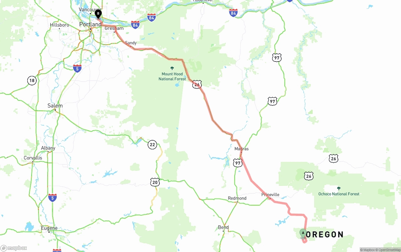 Shipping route from Oregon to Portland International Airport