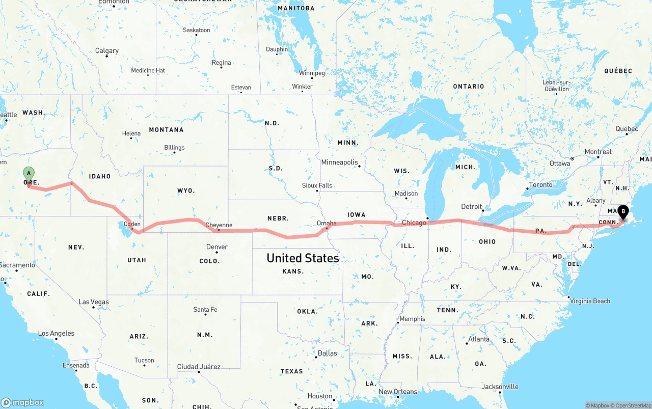 Shipping route from Oregon to Rhode Island