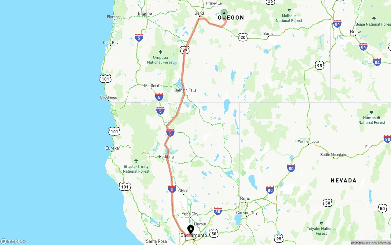 Shipping route from Oregon to Sacramento International Airport