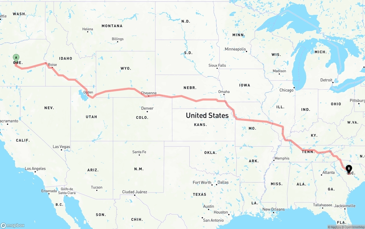 Shipping route from Oregon to South Carolina