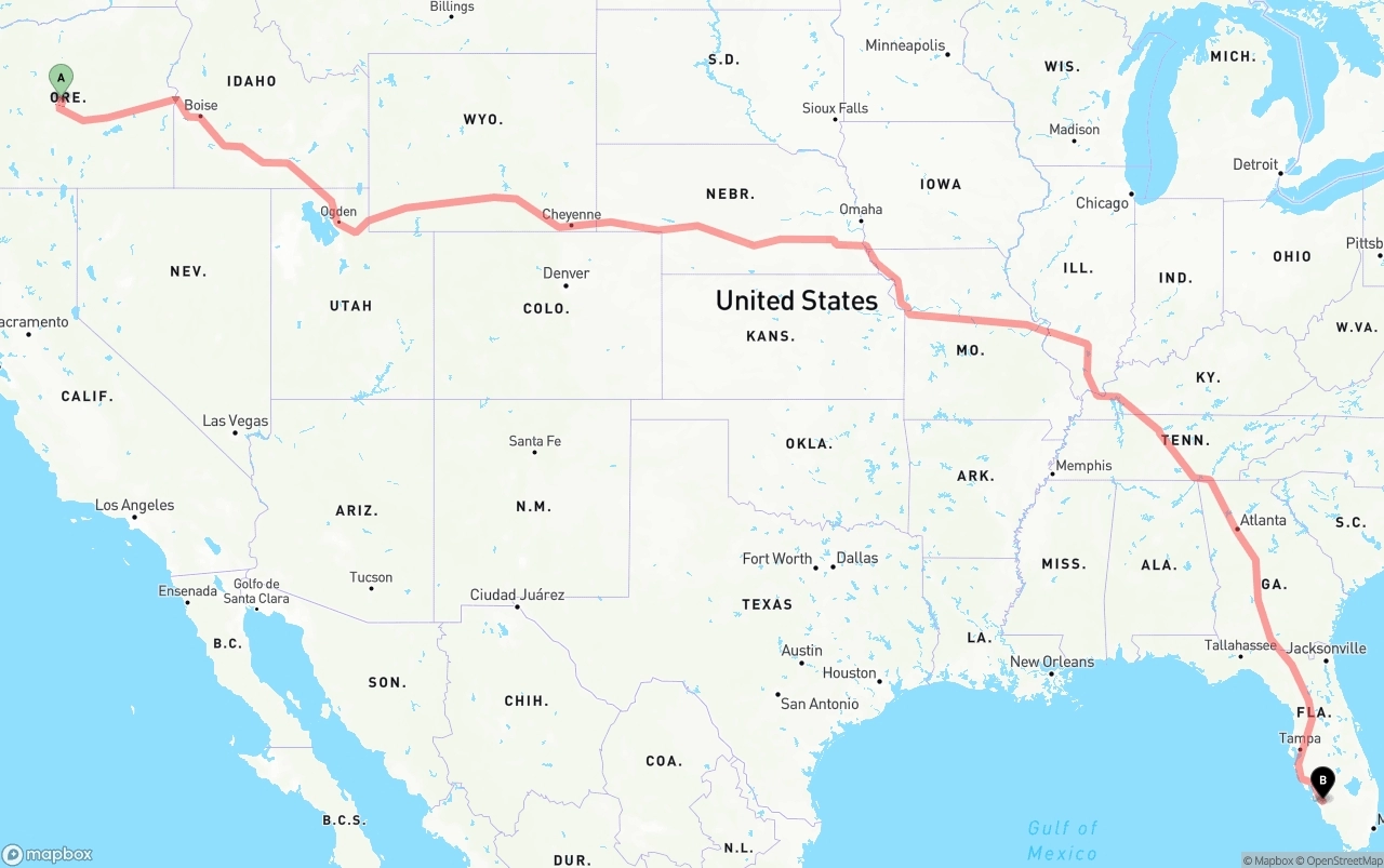 Shipping route from Oregon to Southwest Florida International Airport