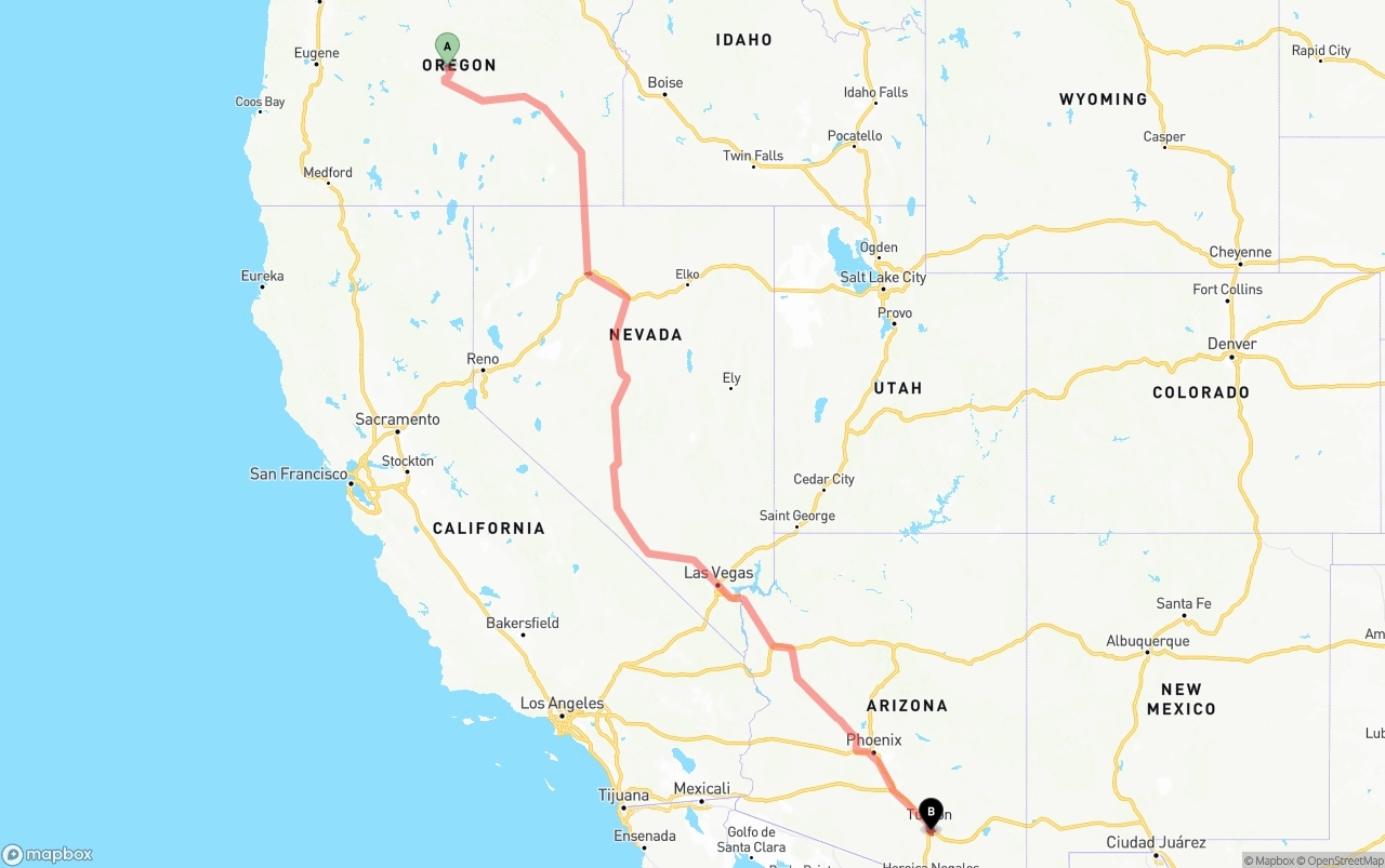 Shipping route from Oregon to Tucson International Airport