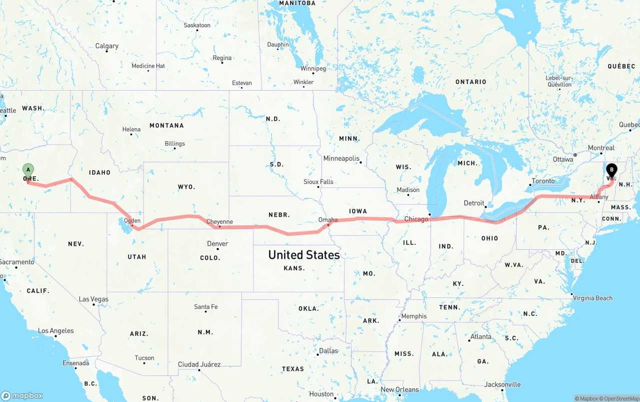 Shipping route from Oregon to Vermont