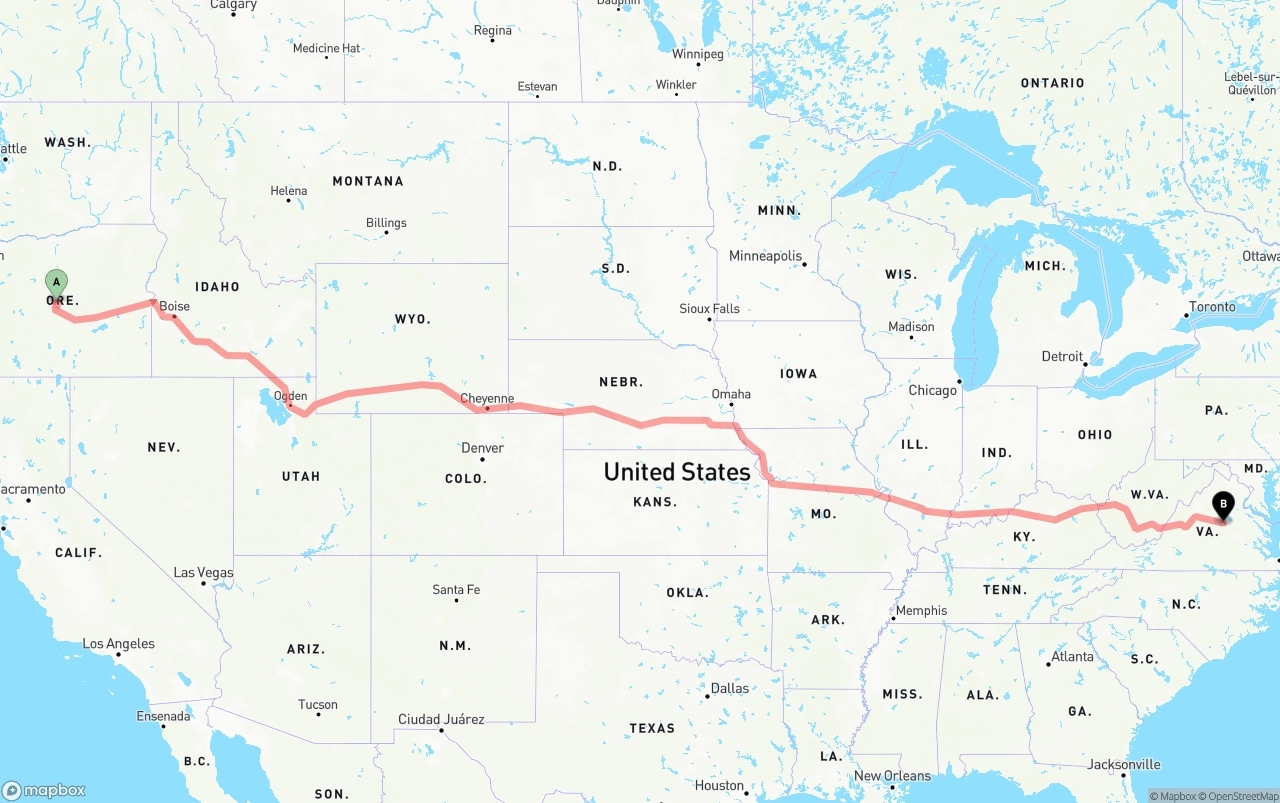 Shipping route from Oregon to Virginia
