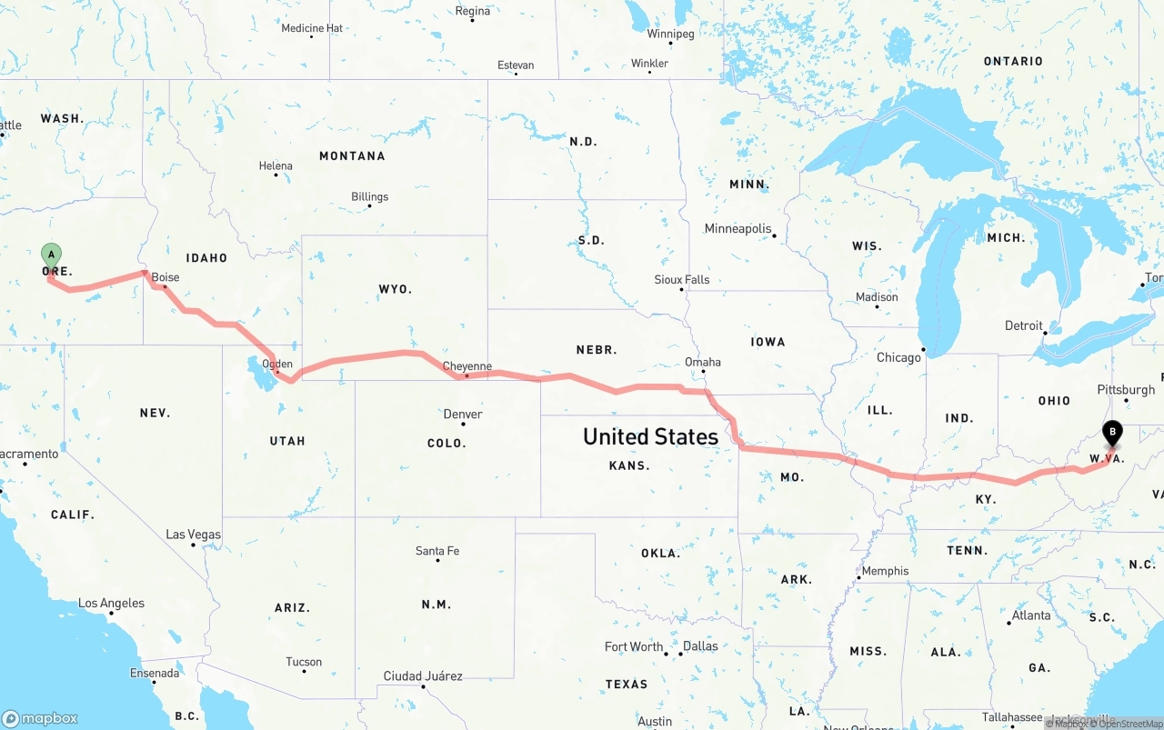 Shipping route from Oregon to West Virginia