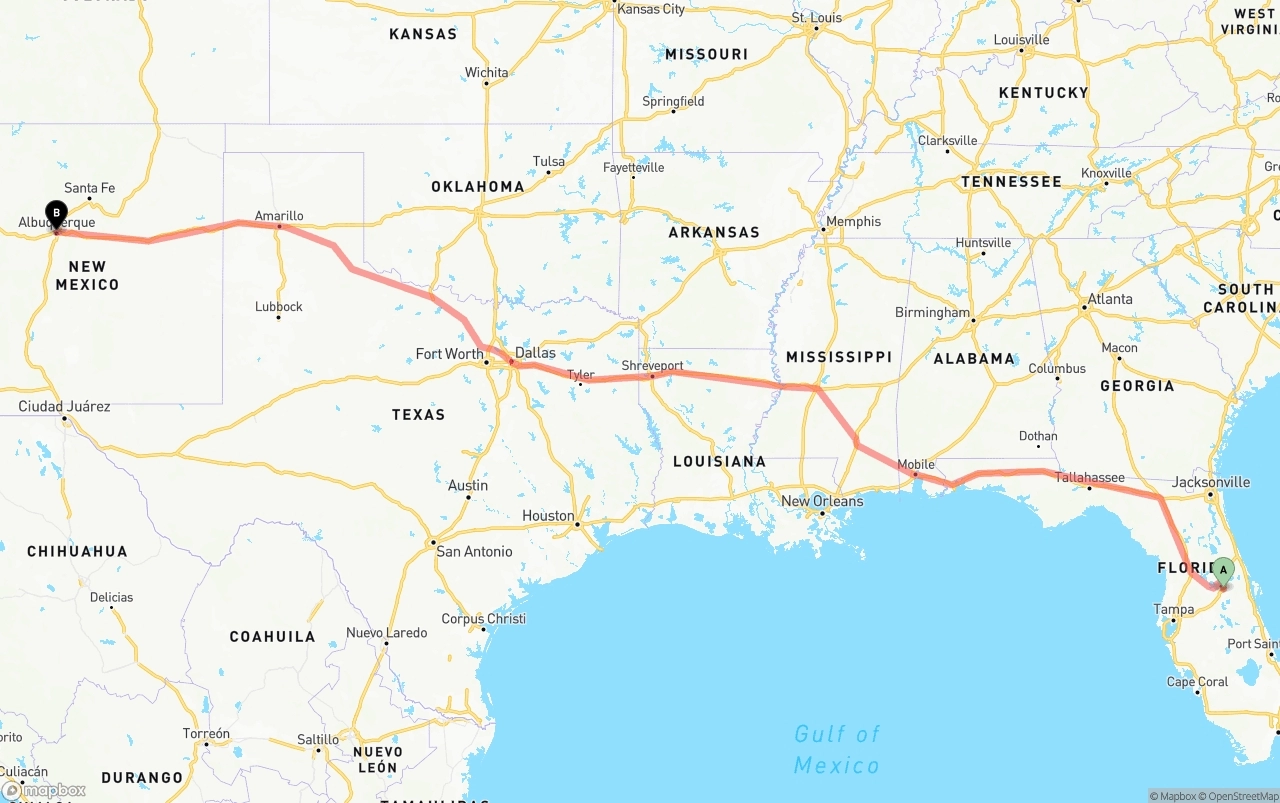 Shipping route from Orlando to Albuquerque