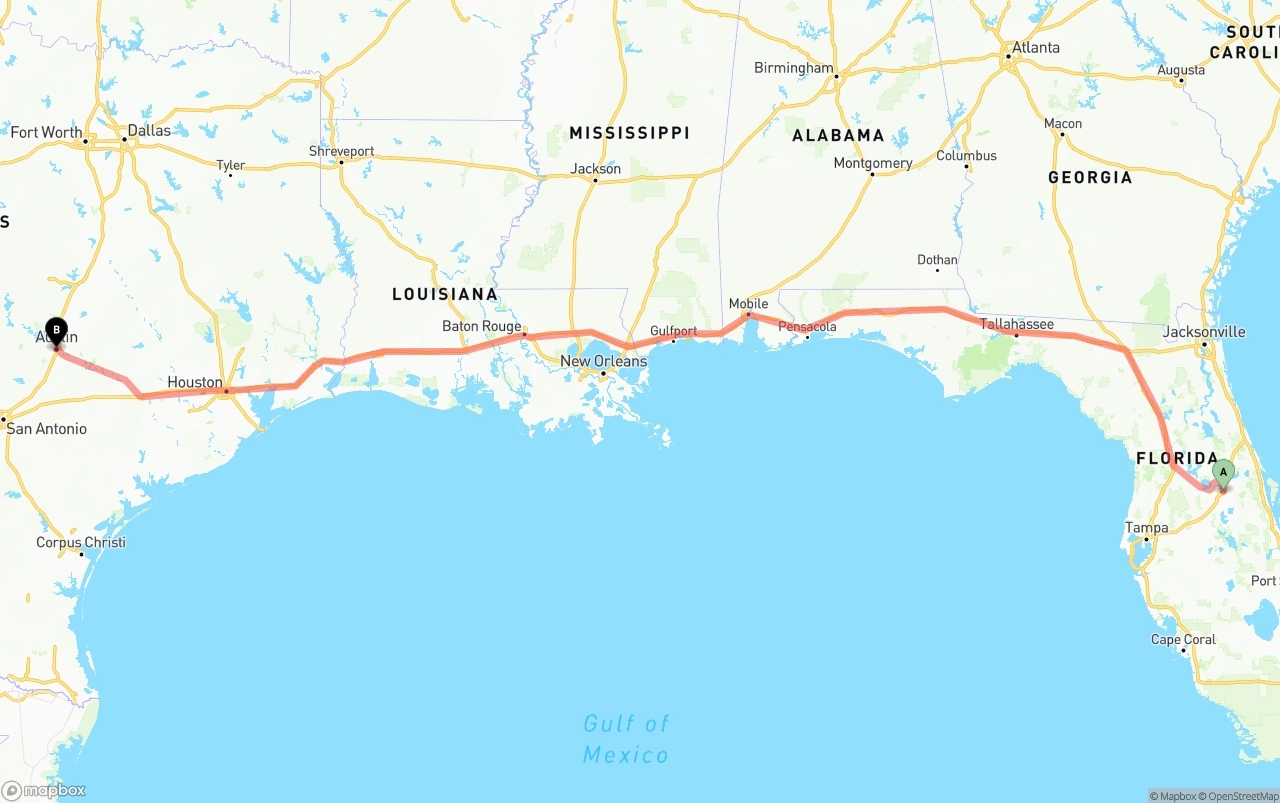 Shipping route from Orlando to Austin