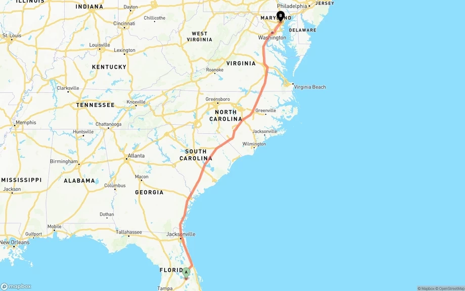 Orlando to Baltimore freight shipping route map