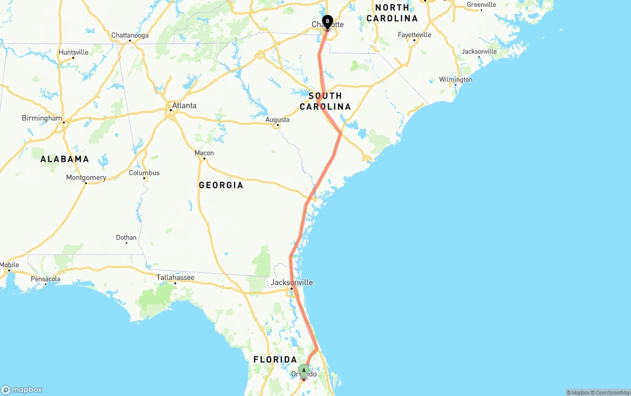 Shipping route from Orlando to Charlotte