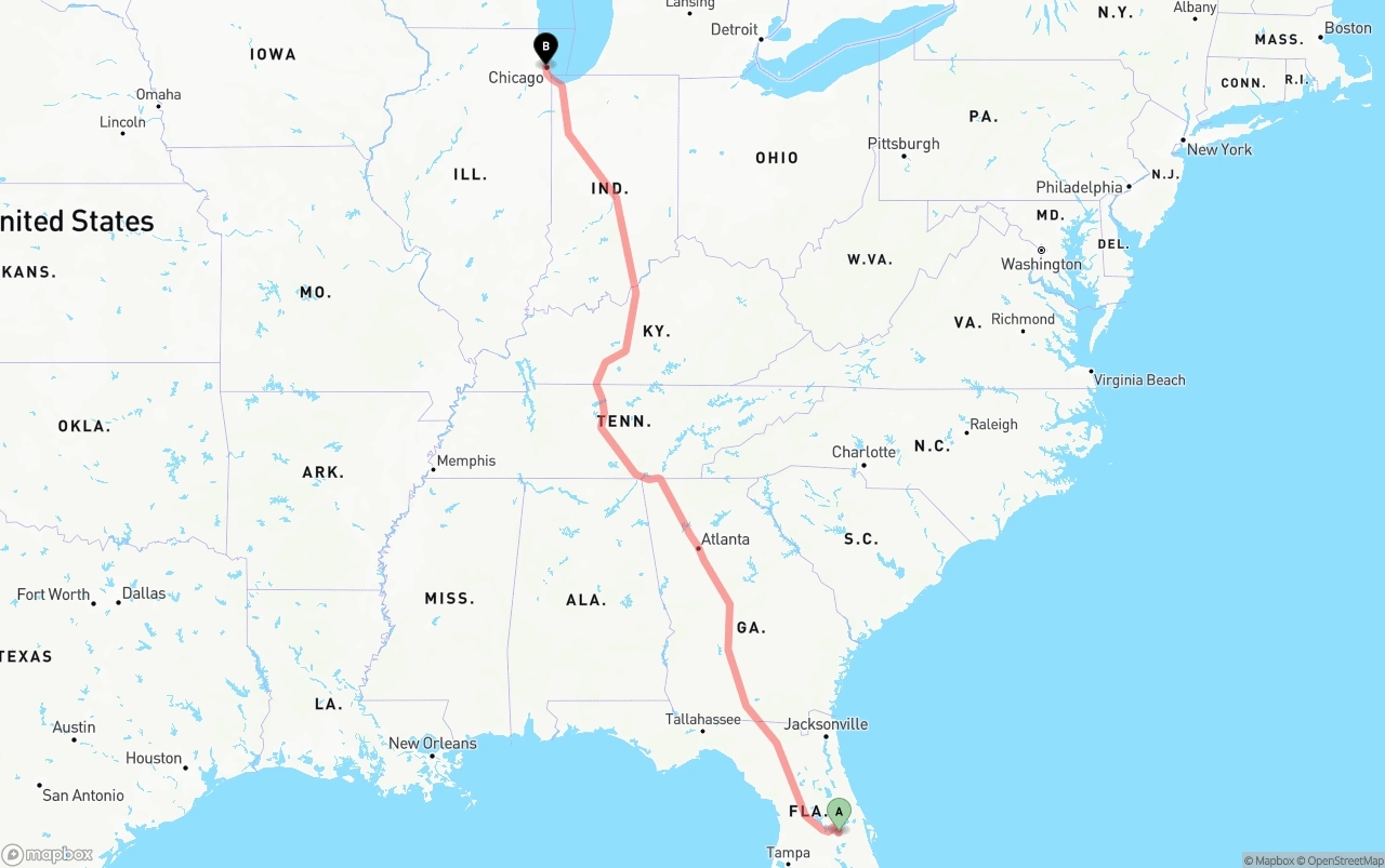 Shipping route from Orlando to Chicago