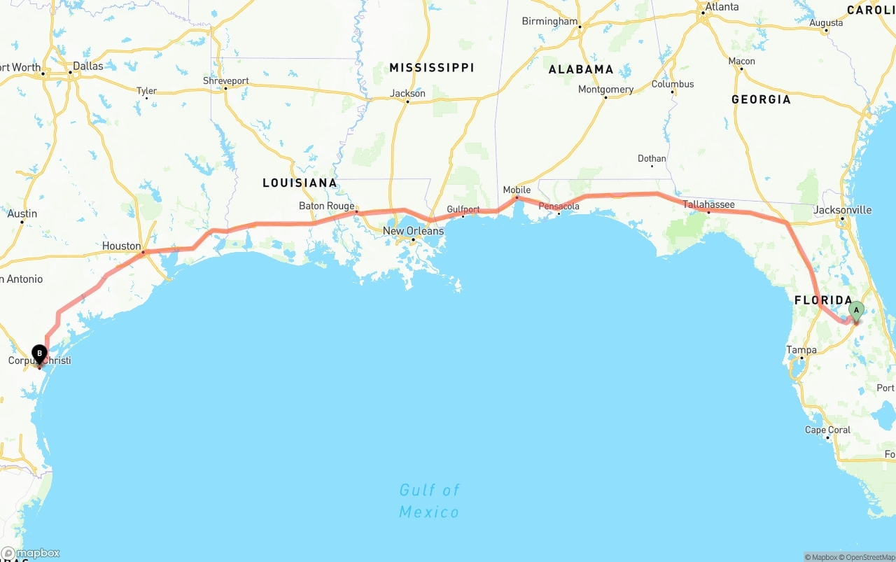 Shipping route from Orlando to Corpus Christi