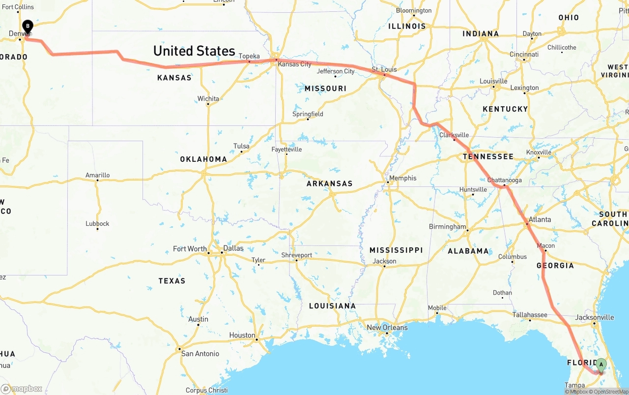 Shipping route from Orlando to Denver International Airport