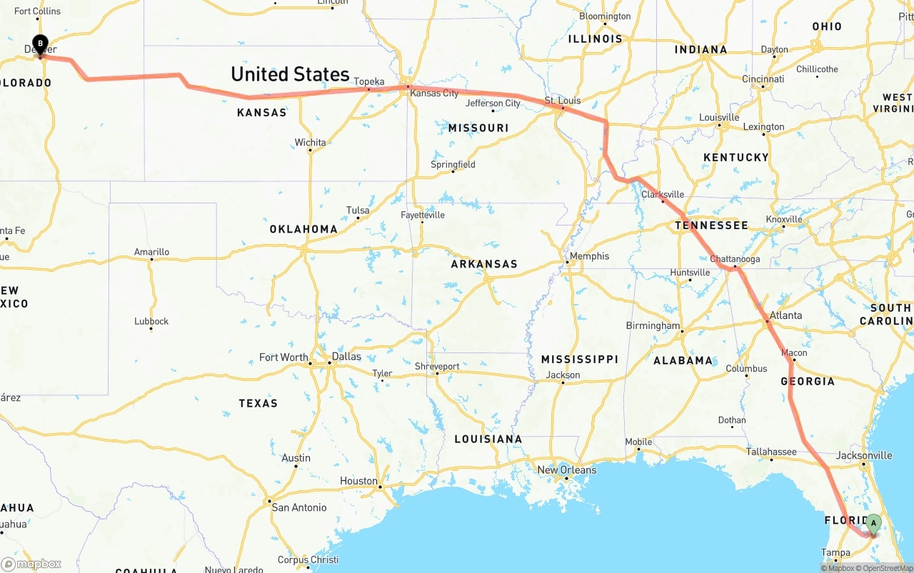 Shipping route from Orlando to Denver