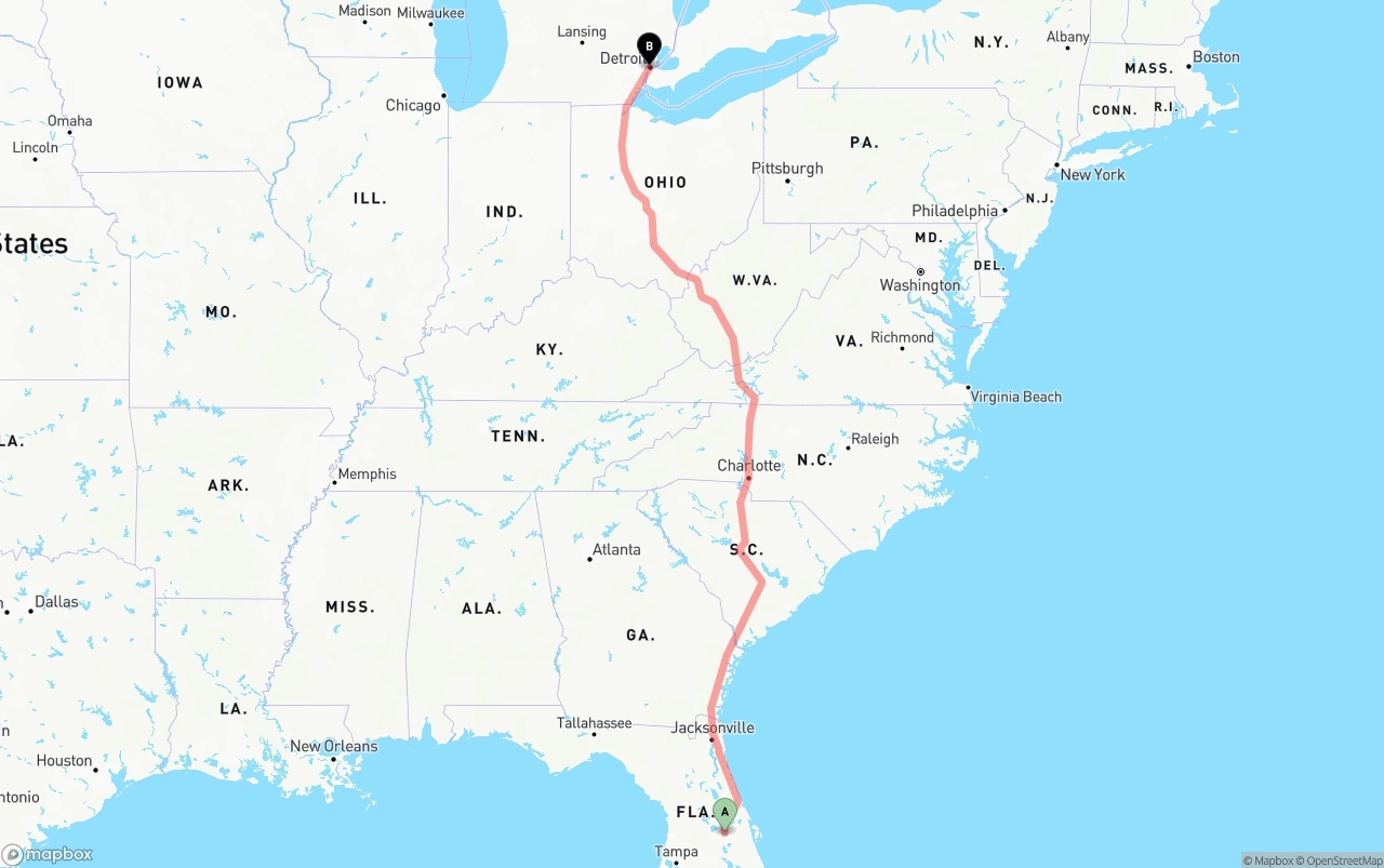Shipping route from Orlando to Detroit
