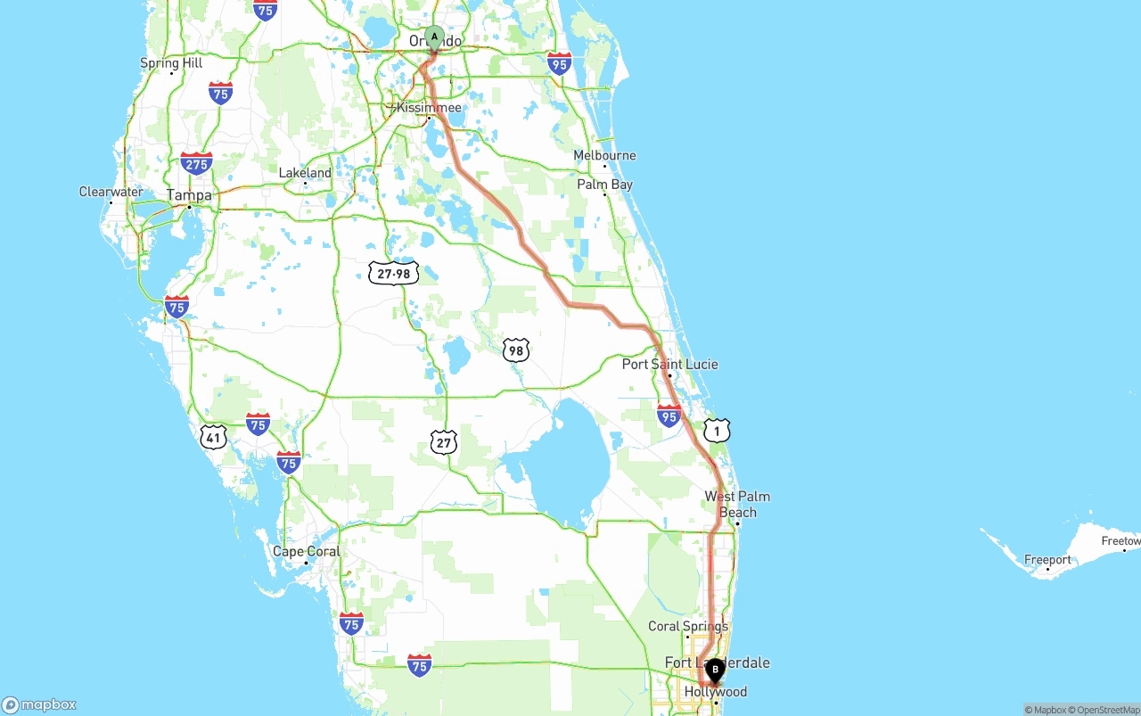 Shipping route from Orlando to Fort Lauderdale-Hollywood International Airport