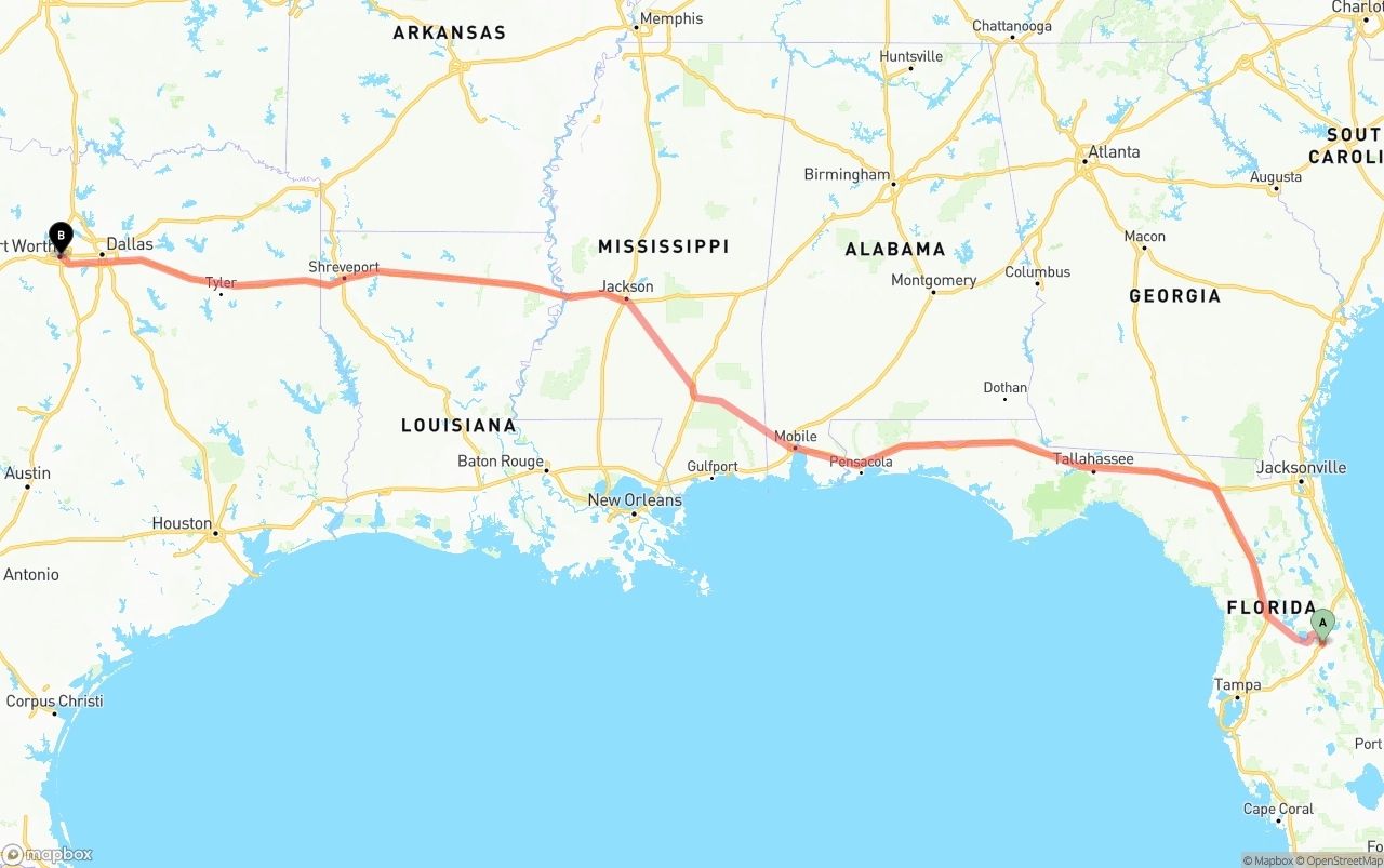 Shipping route from Orlando to Fort Worth