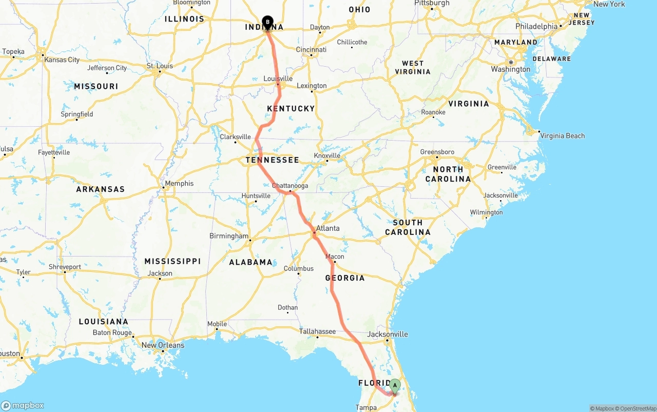 Shipping route from Orlando to Indianapolis