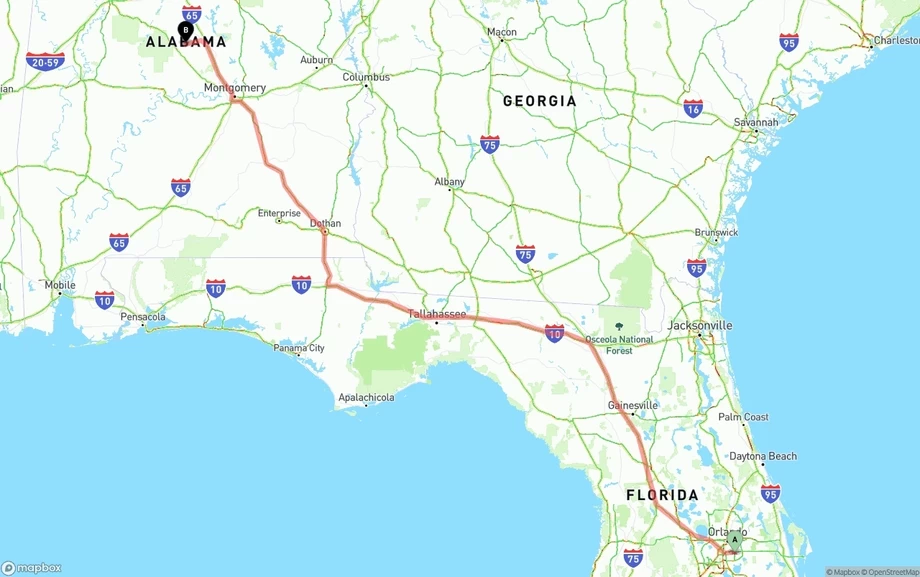 Orlando International Airport to Alabama freight shipping route map