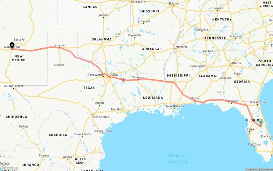 Orlando International Airport to Albuquerque freight shipping route map