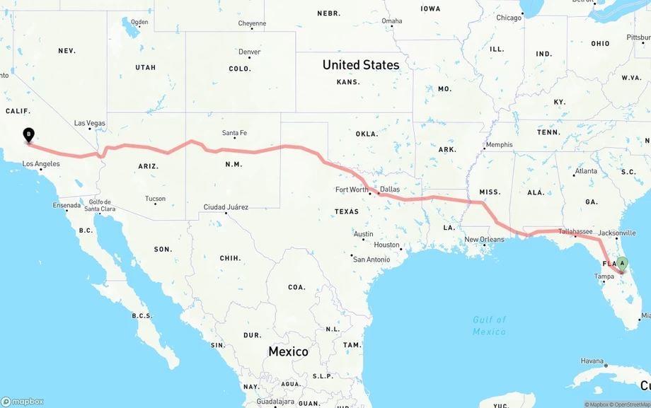 Orlando International Airport to Bakersfield freight shipping route map