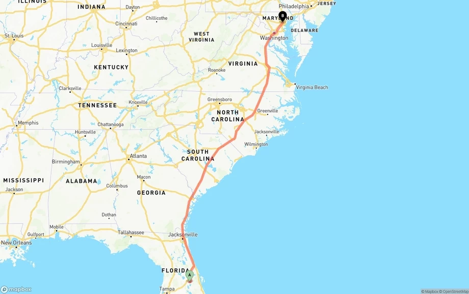 Orlando International Airport to Baltimore freight shipping route map