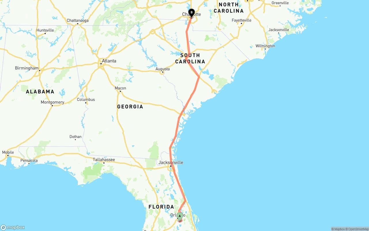Shipping route from Orlando International Airport to Charlotte
