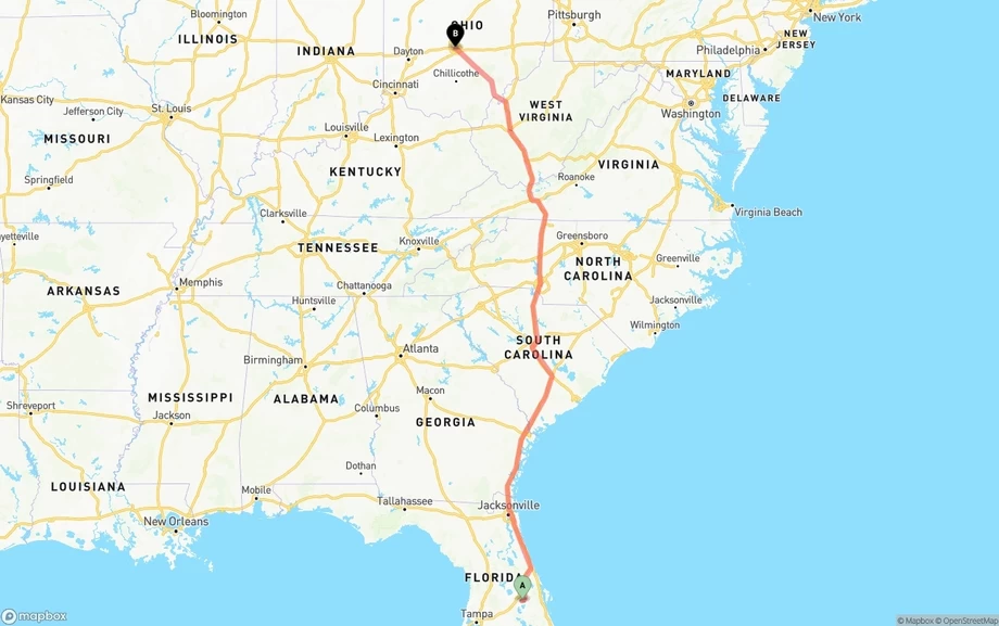 Orlando International Airport to Columbus freight shipping route map