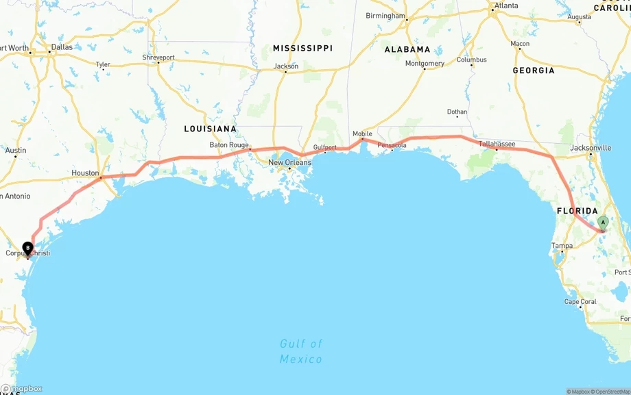 Orlando International Airport to Corpus Christi freight shipping route map