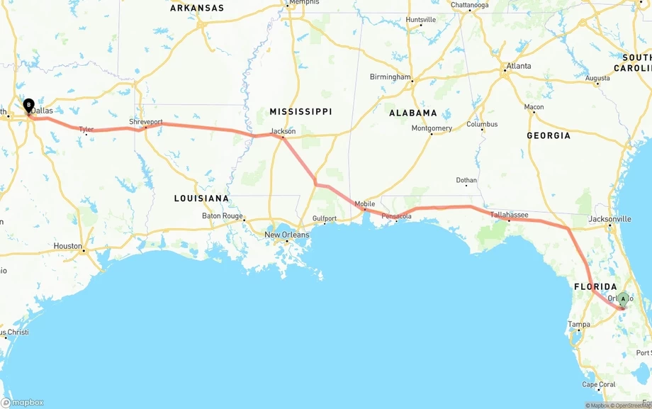 Orlando International Airport to Dallas freight shipping route map