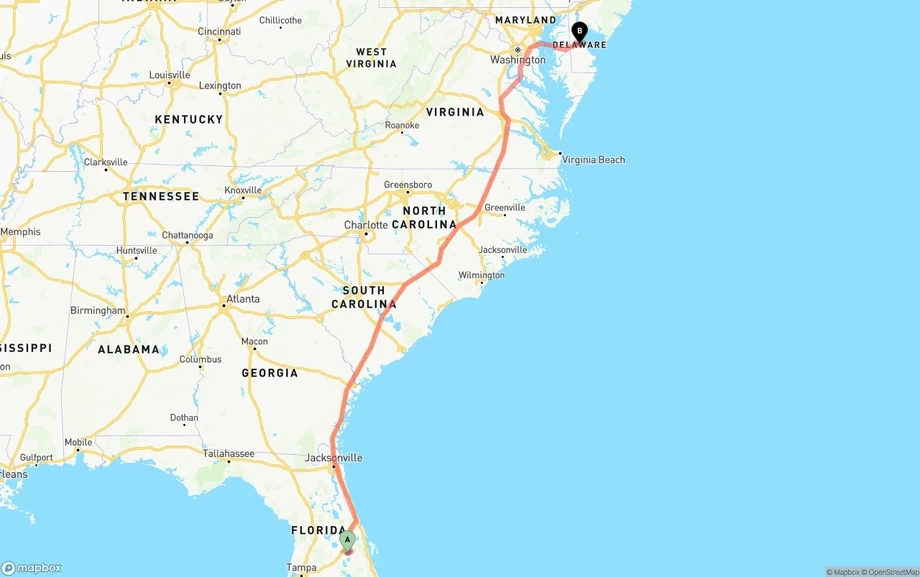 Orlando International Airport to Delaware freight shipping route map