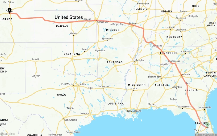 Orlando International Airport to Denver freight shipping route map
