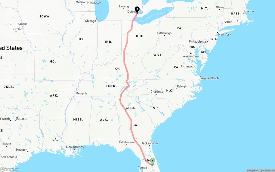 Orlando International Airport to Detroit freight shipping route map
