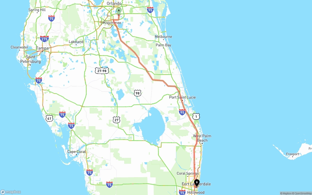 Shipping route from Orlando International Airport to Ft. Lauderdale