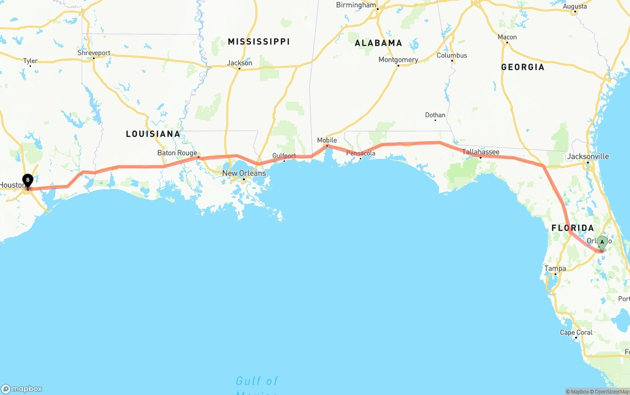 Shipping route from Orlando International Airport to Houston