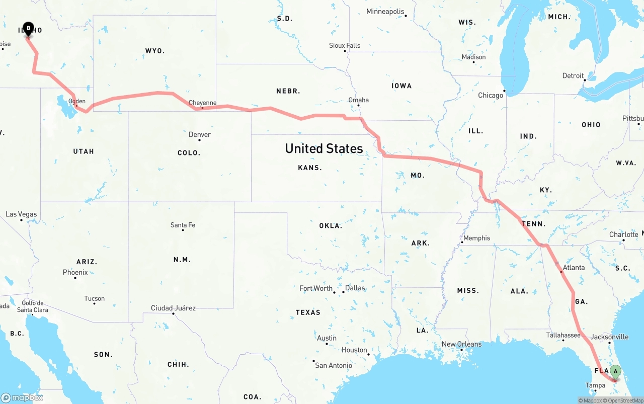 Shipping route from Orlando International Airport to Idaho