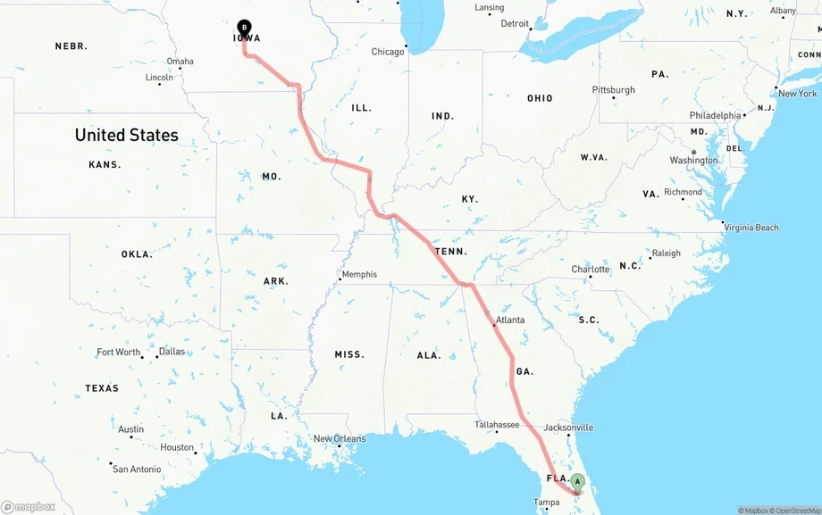 Orlando International Airport to Iowa freight shipping route map